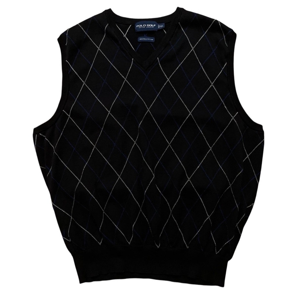 Polo Golf Ralph Lauren Vest Mens Size XL Pullover Pima Cotton Argyle Print Black